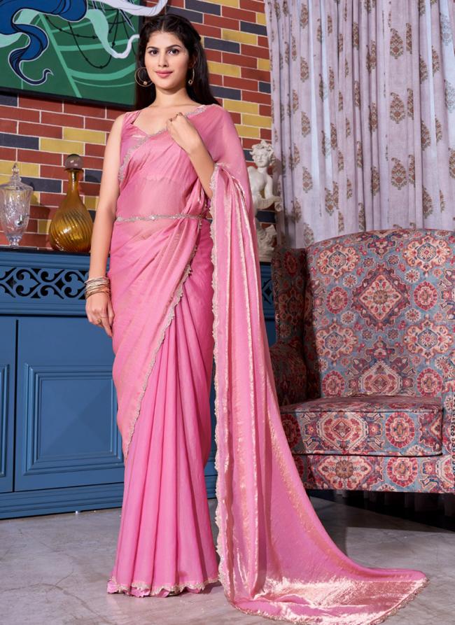 Sattin Silk Pink Party Wear Hand Work Saree